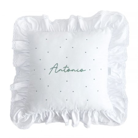 Almofada Quadrada com Babado Benício Personalizada Branco/Verde Musgo