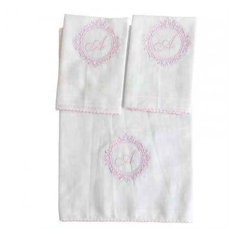 Boquinha Fralda Cremer 3 Peças para Bebê Personalizada Marseille Branco / Rosa