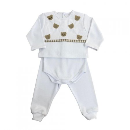 Conjunto Pagão para Bebê 3 Peças Algodão Egípcio Bordado Mini Ursinhos - Tamanho Único