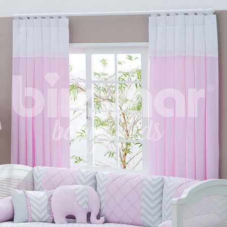 Cortina para Quarto de Bebê Prega Lapela Bordado Inglês Rosa