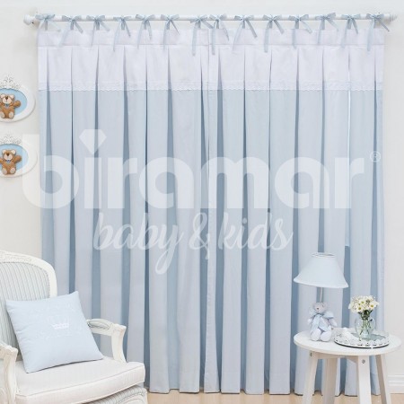 Cortina para Quarto de Bebê Prega Laço Bordado Inglês Azul