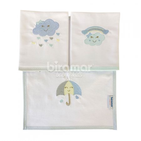 Boquinha Malha 3 Peças para Bebê Bordada Chuva de Amor Branco / Azul