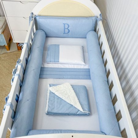 Kit de Berço Rolinho 4 Peças com Cabeceira Personalizada Linho Azul