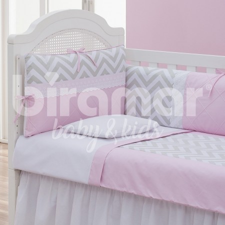 Kit Enxoval de Berço Lollipop Percal Chevron Rosa 8 peças