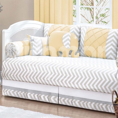 Kit Cama Babá 9 Peças com Saia Brooklyn Chevron Cinza/Amarelo