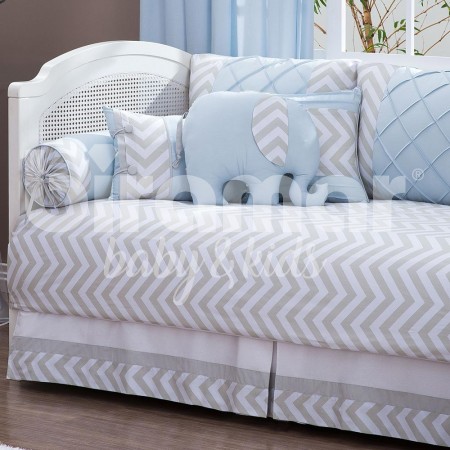 Kit Cama Babá 9 Peças com Saia Brooklyn Chevron Cinza/Azul