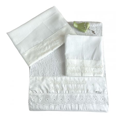 Kit Toalhinha 3 Peças Meu Batizado Personalizada Branco / Off