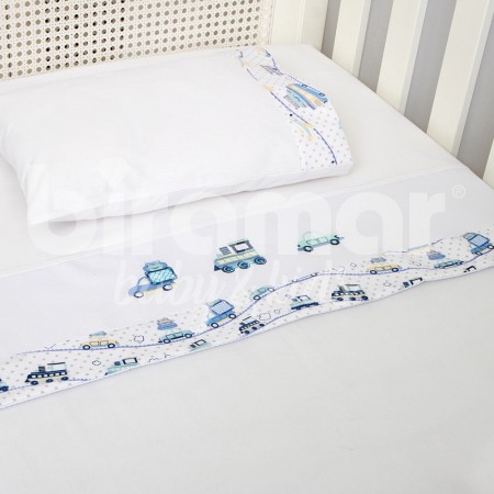 Lençol para Berço 3 peças Lolli Carrinhos Azul Percal