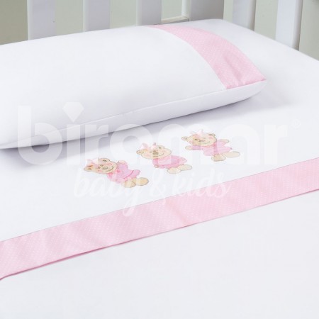 Lençol para Berço 3 peças Lolli Ursinhas Rosa Percal