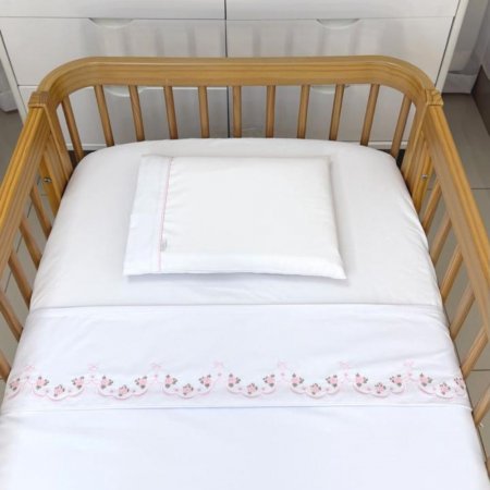 Jogo de Lençol para Berço 3 peças Percal 180 Fios 100% Algodão Alice Branco / Rosa