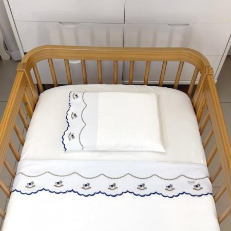 Lençol para Berço 3 Peças Percal 400 Fios Mini Cavalinho de Pau Azul