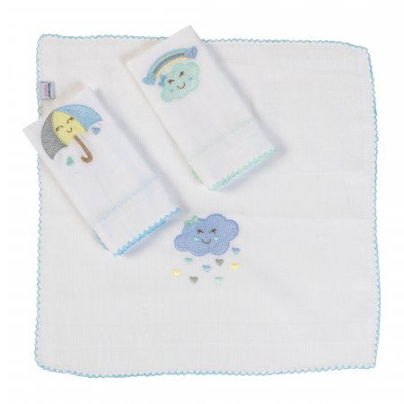 Boquinha Fralda Cremer 3 Peças para Bebê Chuva de Amor Branco / Azul