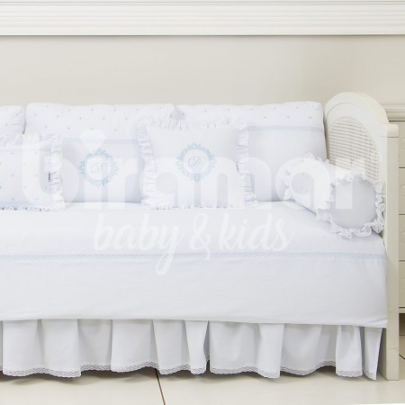 Kit Cama Babá 9 Peças com Saia Personalizado Marseille Branco / Azul