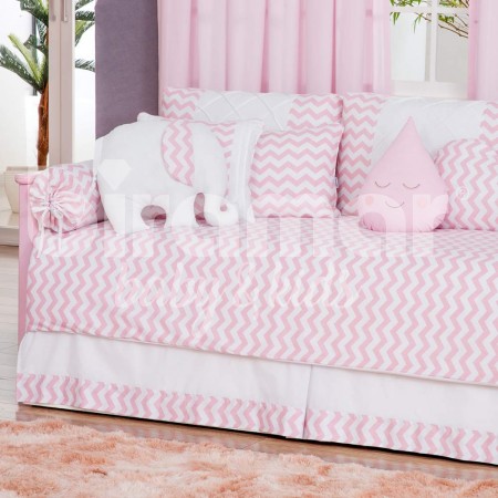 Kit Cama Babá 9 Peças com Saia Soho Chevron Rosa