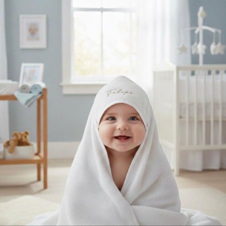 Toalha de Banho para Bebê Felpuda Revestida Fralda Viés Personalizada Benício Branco e Bege
