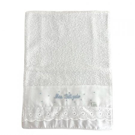 Toalhinha para Bebê Felpuda Meu Batizado Branco Azul