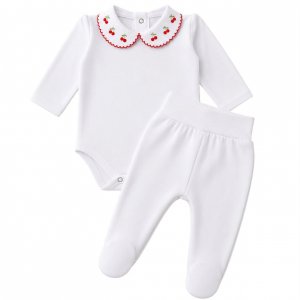 Conjunto Clássico 2 Peças para Bebê Fio Egípcio Cerejinhas Branco - Tamanho Único