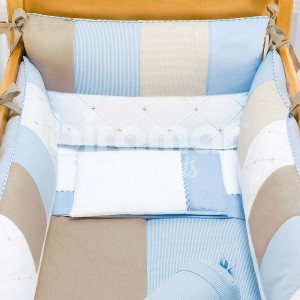 Kit Enxoval de Berço Patchwork Azul 10 Peças com Mosquiteiro