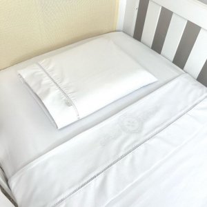 Lençol para Berço 3 Peças Percal Vira Ponto Palito Branco Brasão Branco