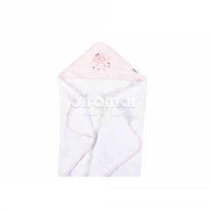 Toalha de Banho para Bebê Felpuda Revestida Bordada Viés Chuva de Amor Branco / Rosa