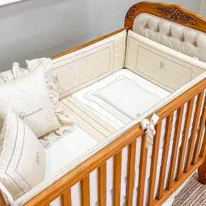 Protetor de Berço Antissufocante 4 Peças Benício Personalizado Linho Bege